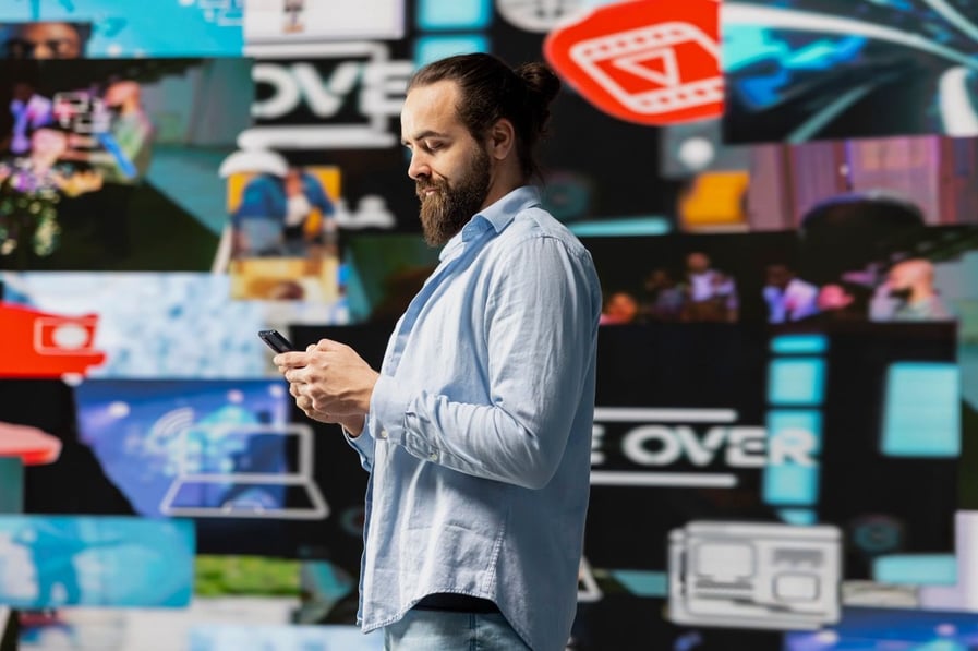 AI-Content-Licensing Man in front of AI content showing the rise of generative AI