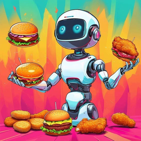 A colorful and hilarious image of various AI marketing fails with a sleek AI robot juggling cheeseburgers and chicken nuggets while speaking gibberish