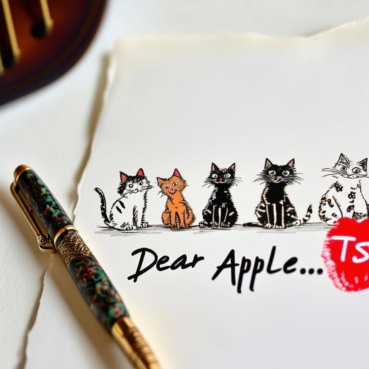 A fancy pen next to stationary paper with cats walking around it