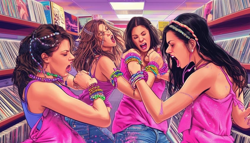 A funny graphic of teen girls wearing lots of beaded friendship bracelets, glitter, and pink dresses, wrestling, throwing music albums, and fighting o