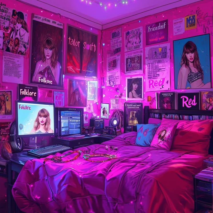 A funny image of a Taylor Swift fans pink and purple, sparkly bedroom with posters all over the walls, friendship bracelets everywhere, a computer wi