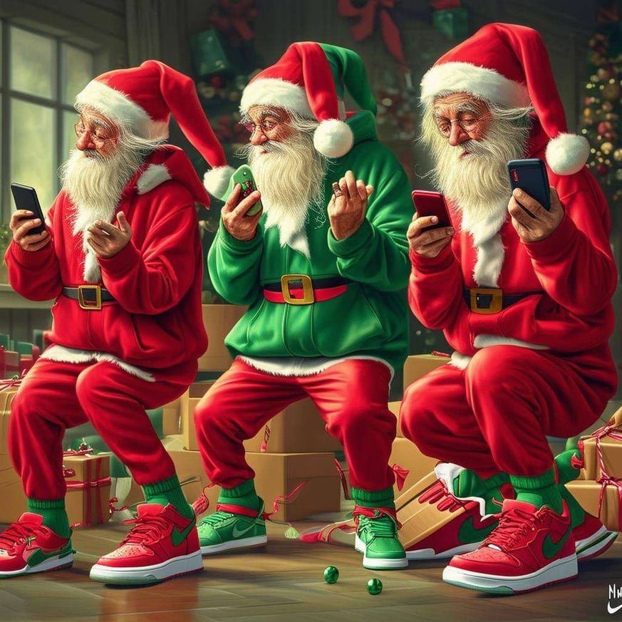 A funny, exaggerated, colorful photorealism image of Santas elves all holding cellphones and doing TikTok dances and videos while making presents-2