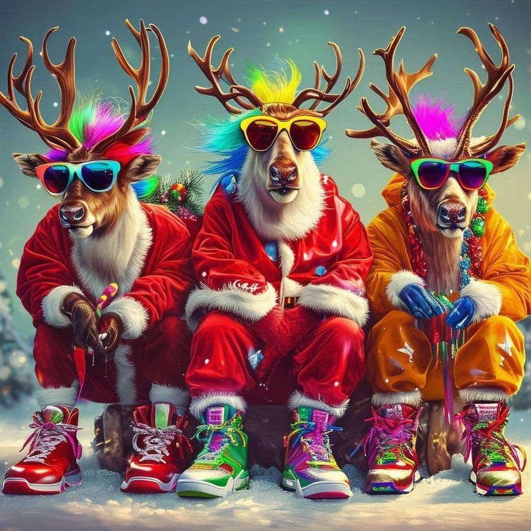 A funny, exaggerated, colorful photorealism image of Santas reindeer, wearing sunglasses, basketball sneakers, flashy clothing, and colorful hair