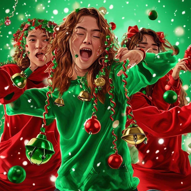 A funny, exaggerated, colorful photorealism image of teens filming themselves for TikTok while dancing to the viral Christmas song called Rizz Bells