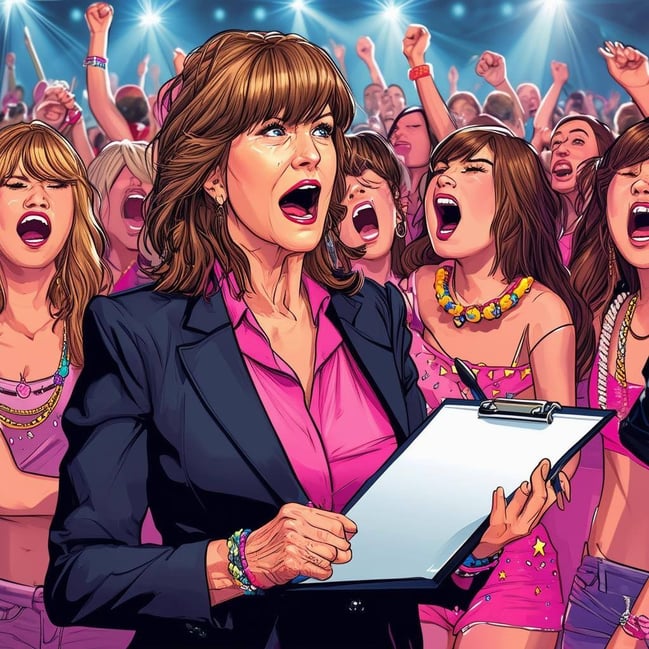 A very funny graphic of a brownhaired, middleaged businesswoman in a suit taking notes on a clipboard at a Taylor Swift concert while she is surrounde-3