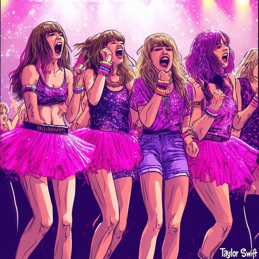 A very funny graphic of screaming, excited, singing adolescent girls who are all fans dressed in friendship bracelets, crazy pink and purple sparkly o