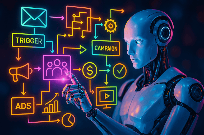 A vibrant and colorful cuttingedge photographic image of an AI robot that is masterfully creating a complex sequence of events and triggers in a sophisticated personalized advertising campaign-1