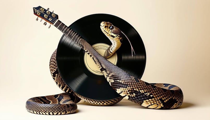 An image of a viper snake wrapped around a record album with an acoustic guitar lying to the side in the background