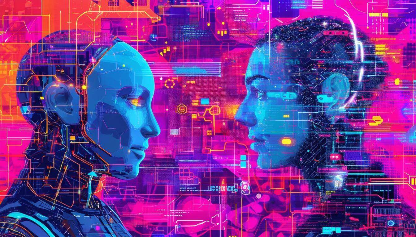 Artistic, colorful image of the collaboration between AI and humans in the future of marketing