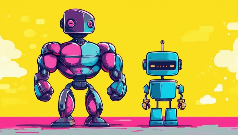 Create a colorful funny graphic of a muscular, bodybuilding AI robot standing next to a small, weak, regular robot