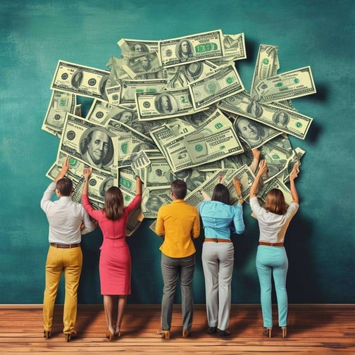 Create a colorful funny photorealism graphic of a marketing team printing money