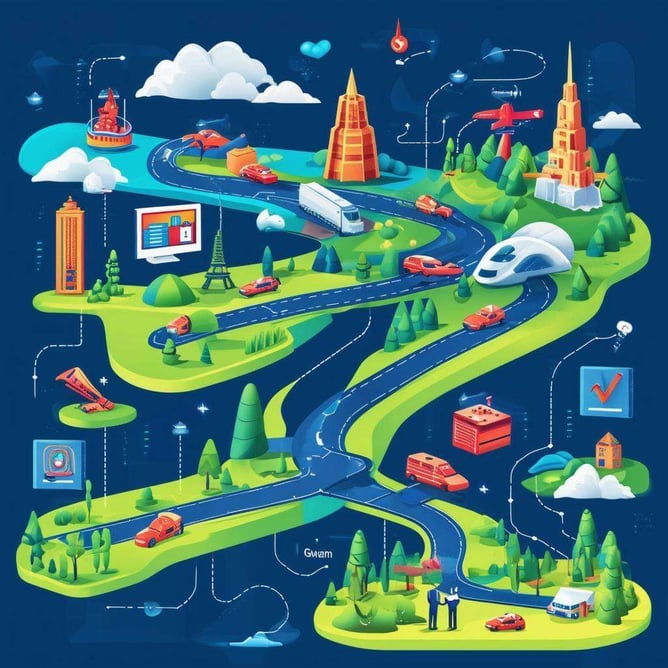 Create a colorful funny photorealism graphic of a roadmap for AI marketing teams with landmarks, like Tool Selection, Pilot, Monitor