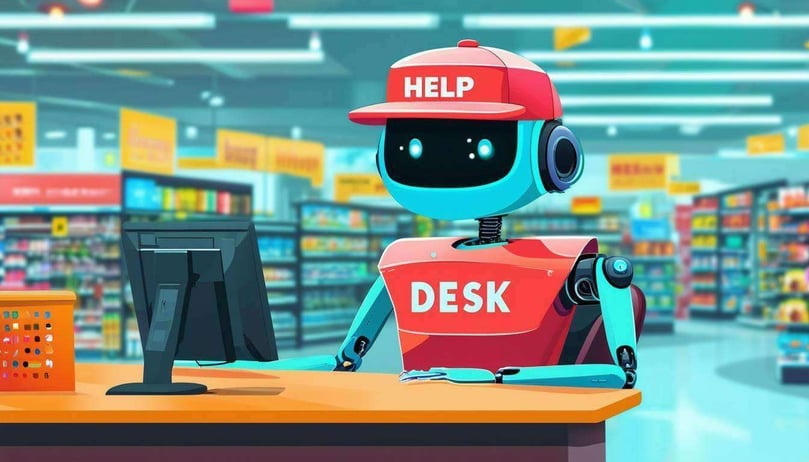 Create a colorful, funny graphic of an AI robot who is wearing a HELP DESK hat and sitting at the Customer Service Desk of a big store-2