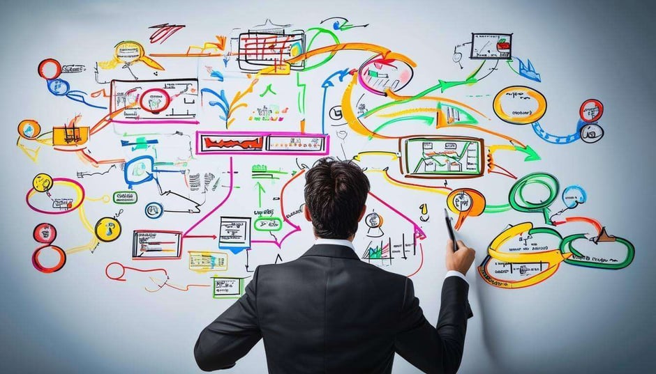 The back of a businessman drawing a colorful flow chart