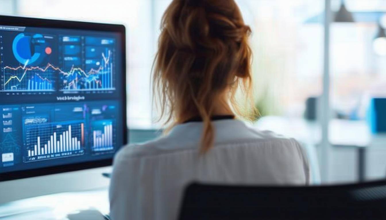 The back of a businesswoman at a computer with web metrics on the screen