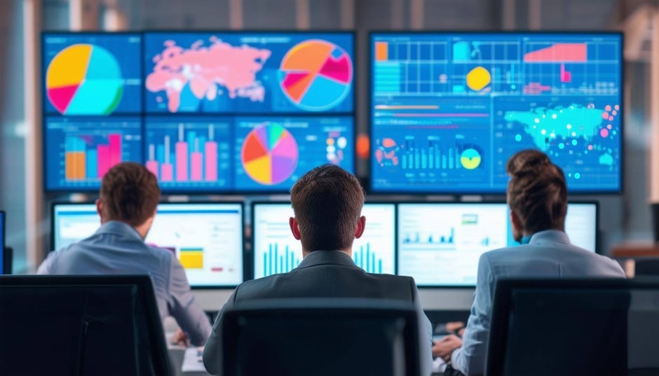 The backs of business professionals sitting in a computer training session with colorful charts and AI data on their screens