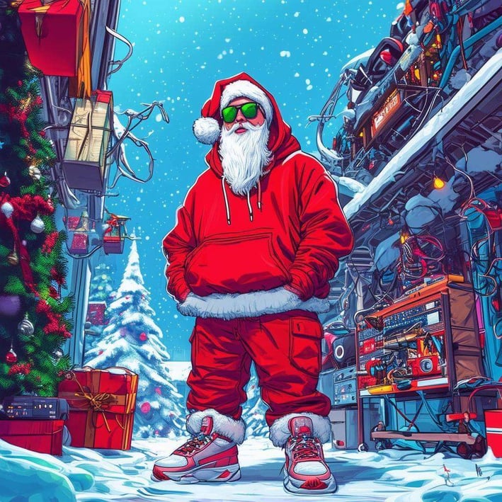 The funny, exaggerated colorful image showcases a vibrant, modernized North Pole scene, where Santa, now dubbed GiftRizzerSupreme, takes center stag-2