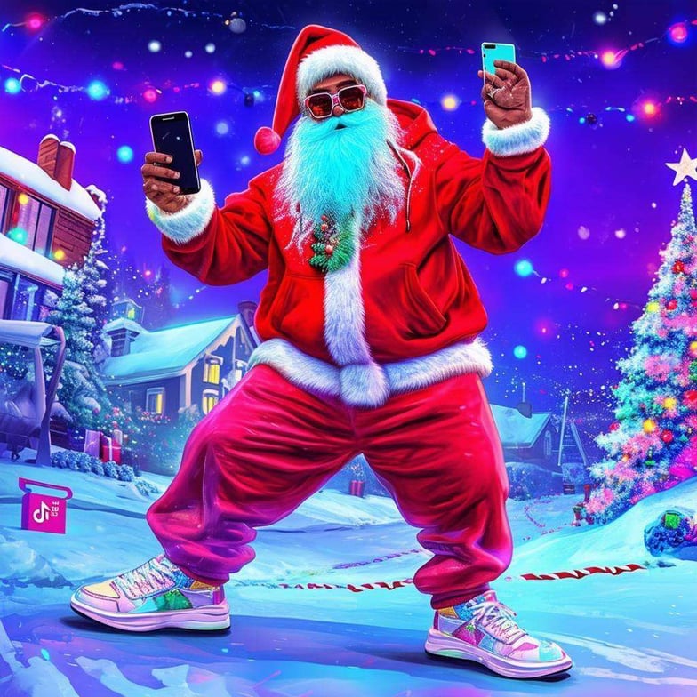 The funny, exaggerated, colorful image showcases a vibrant, modernized North Pole scene, where Santa, now dubbed GiftRizzerSupreme, is wearing trend