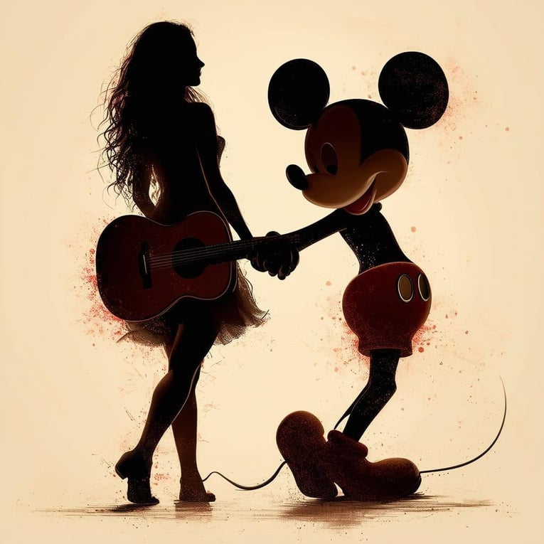 The silhouette of a longhaired woman with an acoustic guitar holding hands with Mickey Mouse