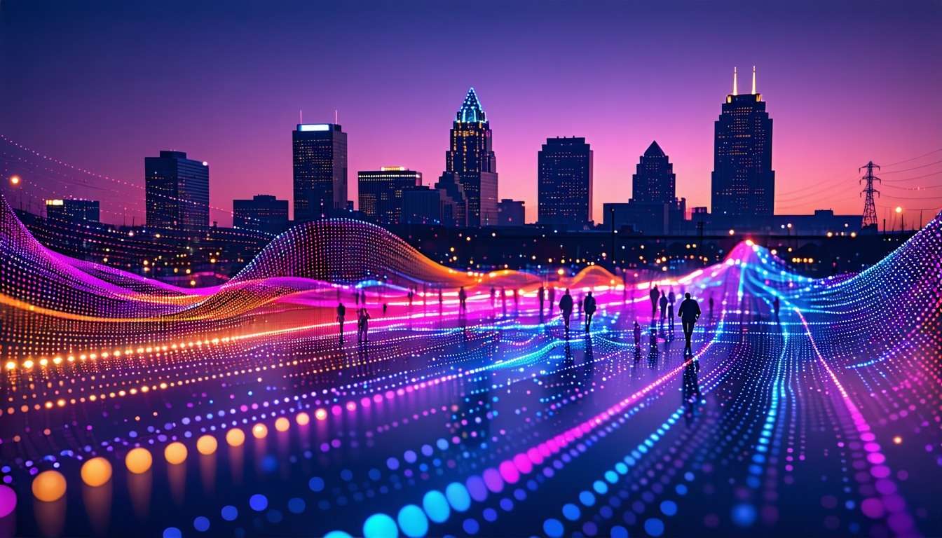 Vibrant colorful lines of AI run through the beautiful skyline of Cleveland Ohio connecting countless tiny circles with silhouettes of people inside them Cleveland small business marketing and local marketing strategies