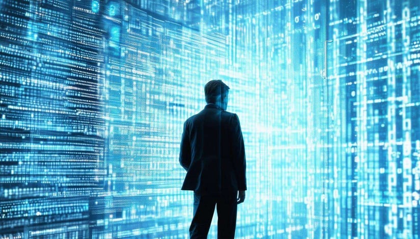 A businessman in marketing standing in front of a wall of customer data showing the importance of data privacy and 2026 trend of privacy-first marketing