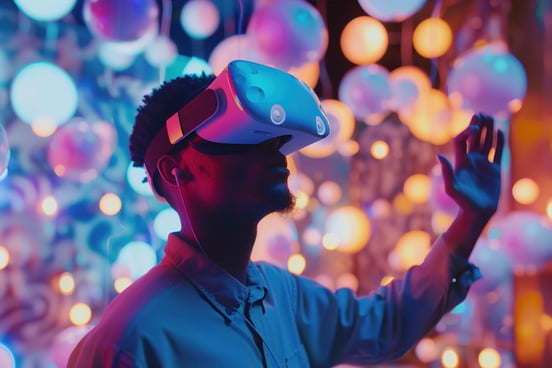 A man in a VR headset showing the growth of immersive marketing and phygital experiences in 2026 marketing trends