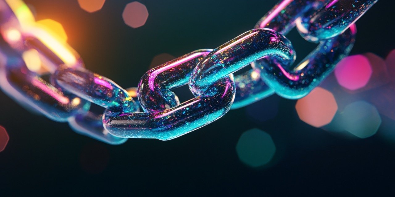 A vibrant graphic of a large chain to show AI content legal risks, Copyright, IP, and licensing laws to consider when using AI content