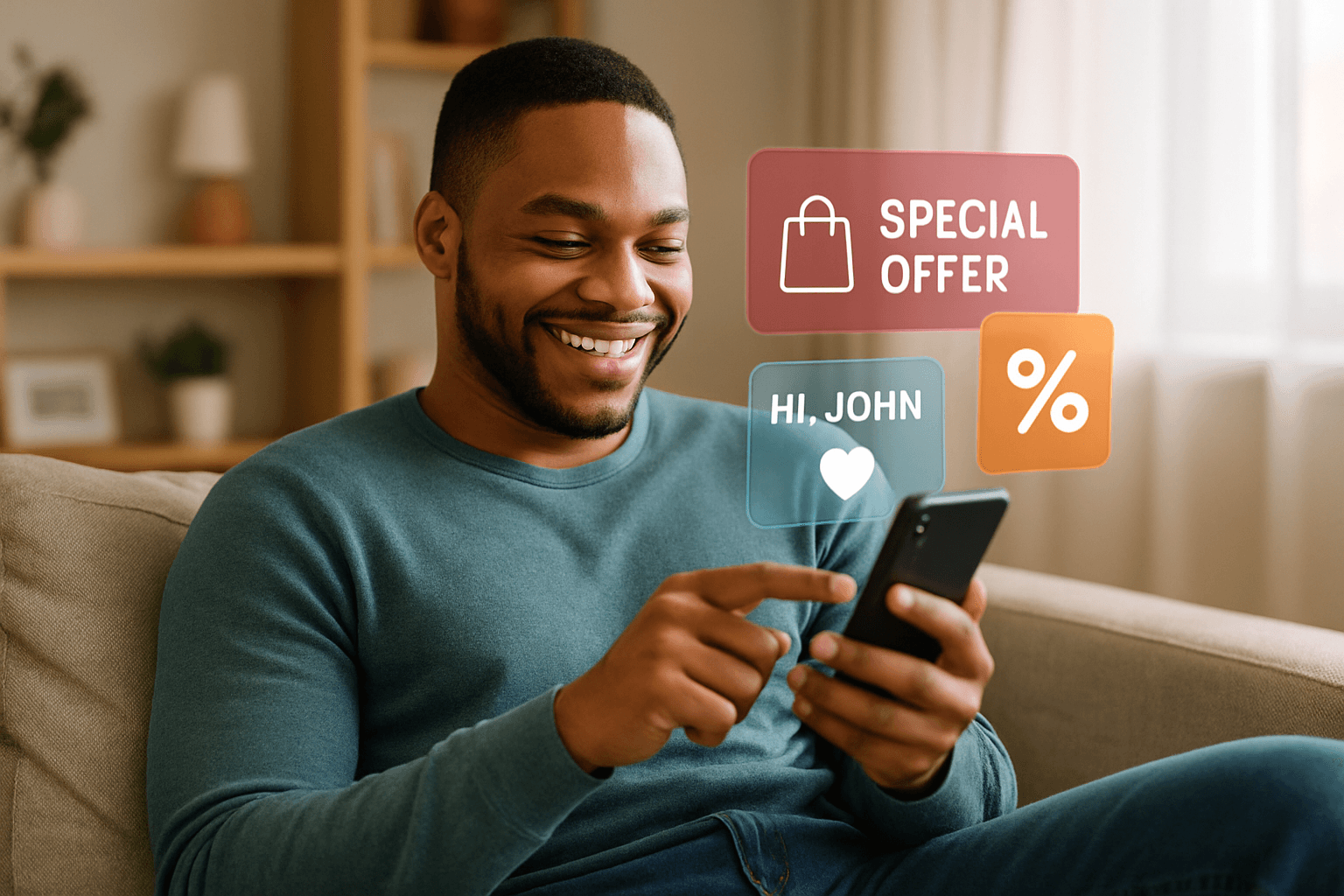 A customer enjoying highly personalized marketing content delivered directly to their devices in a comfortable home setting-2