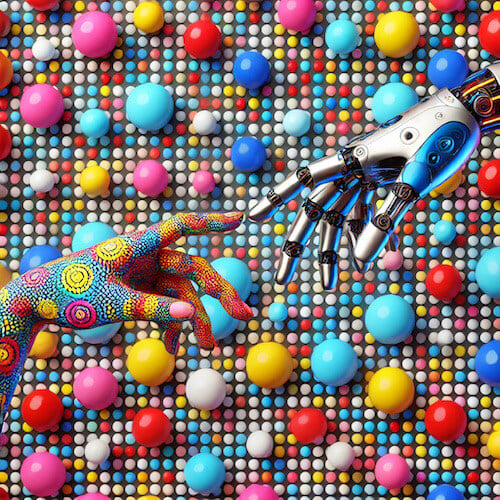 human and AI hands touching in front of a colorful background showing human-in-the-loop (HITL) human+AI collaboration and hybrid intelligence in AI marketing in 2026