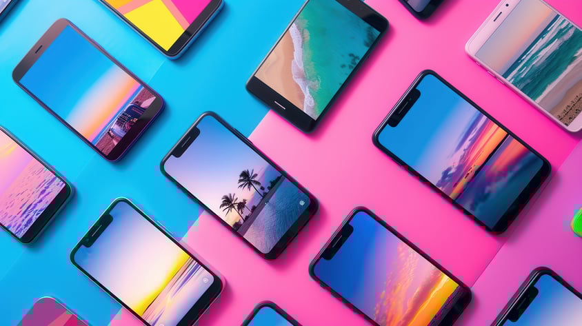 A collection of phones with screens to highlight different content and how AI search engines synthesize multimedia 
