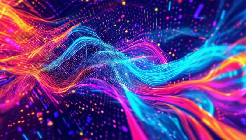 vibrant, artistic, colorful image of AI in marketing graphic that shows data flowing-1